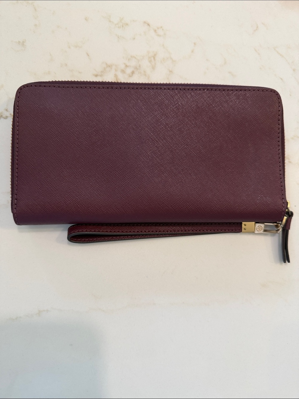 Tory Burch Plum Saffiano Zip Wristlet with Gold Logo - Picture 2 of 7